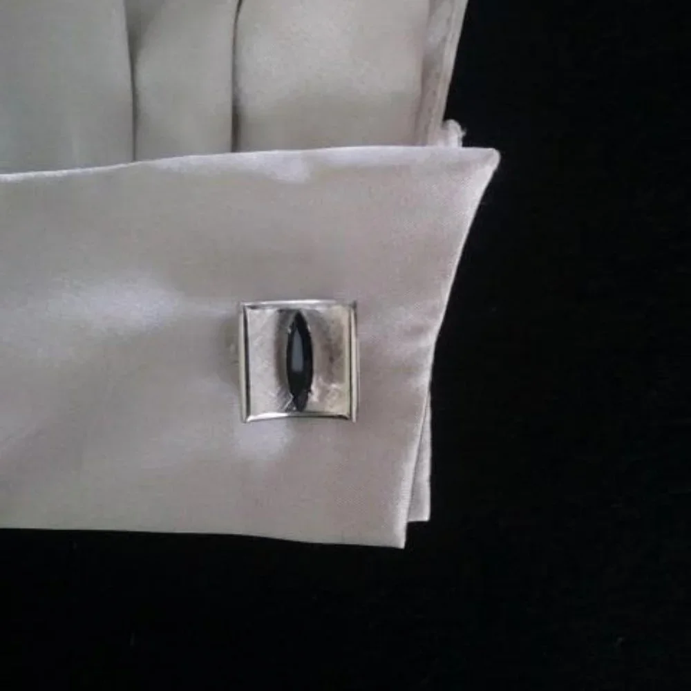 Vintage French Cuff Links - Silver with Black Stone